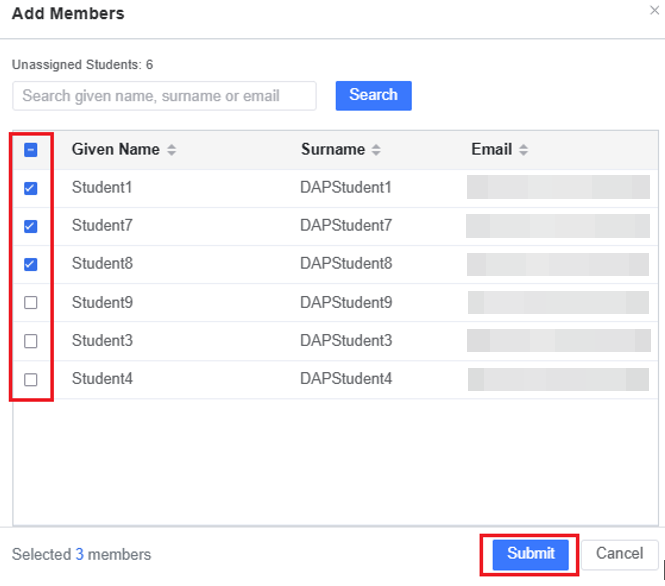 Select students to add to the group